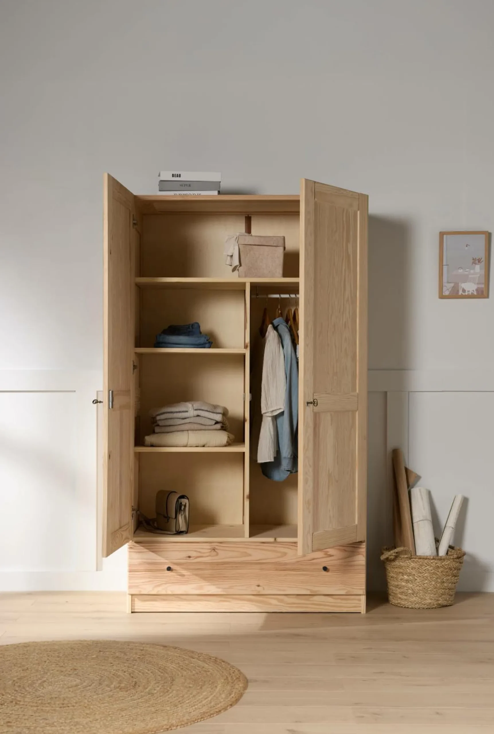 Armoires|Armoires Et Dressing>Camif Armoire bois massif 2 portes 1 tiroir Iris - - Poignées Noir Brut