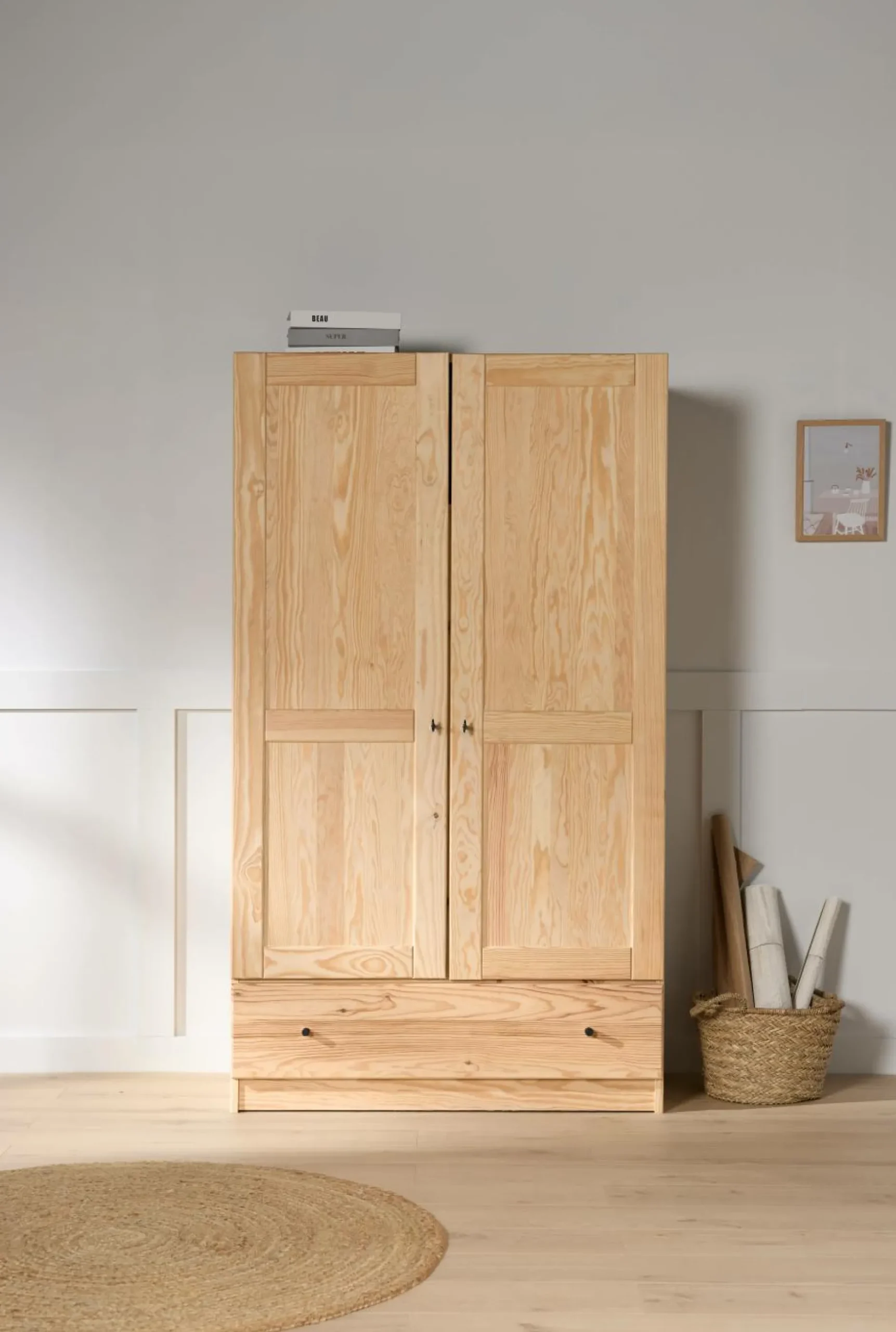 Armoires|Armoires Et Dressing>Camif Armoire bois massif 2 portes 1 tiroir Iris - - Poignées Noir Naturel
