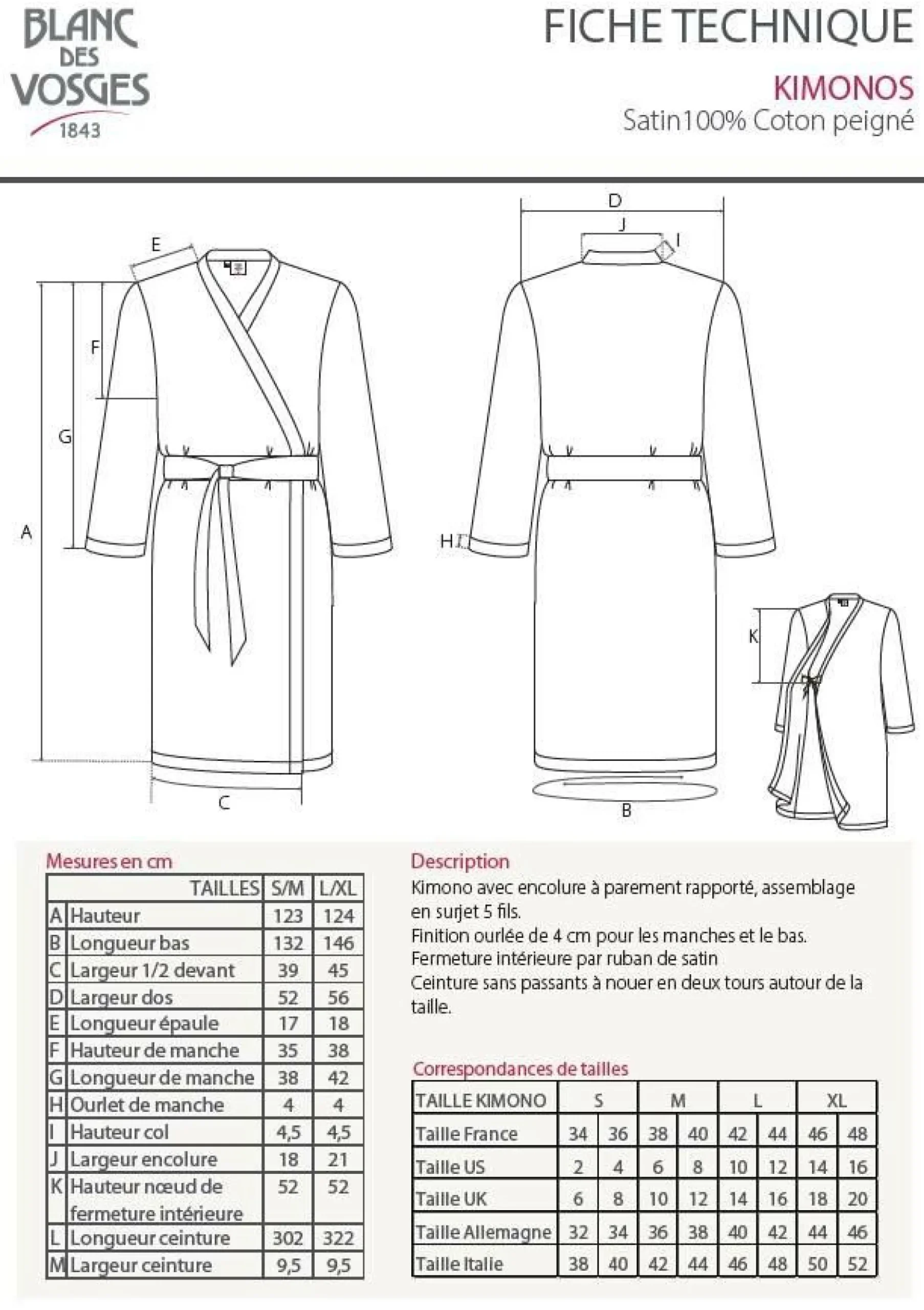 Peignoirs>Camif BLANC DES VOSGES Kimono satin de coton Jardins de Babylone - Taille M