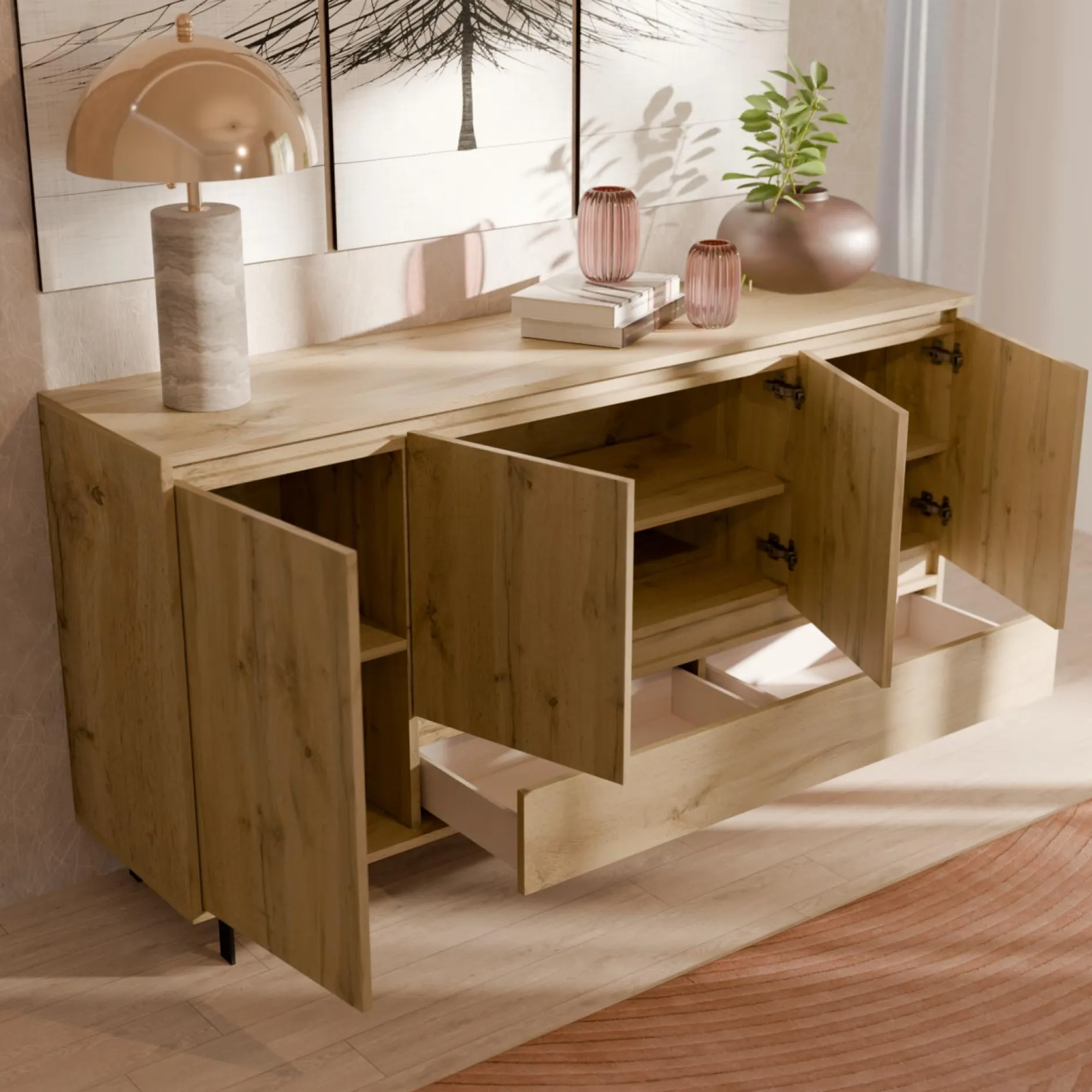 Buffets>Camif Buffet 4 portes 1 tiroir décor bois Gustavo - Chêne naturel