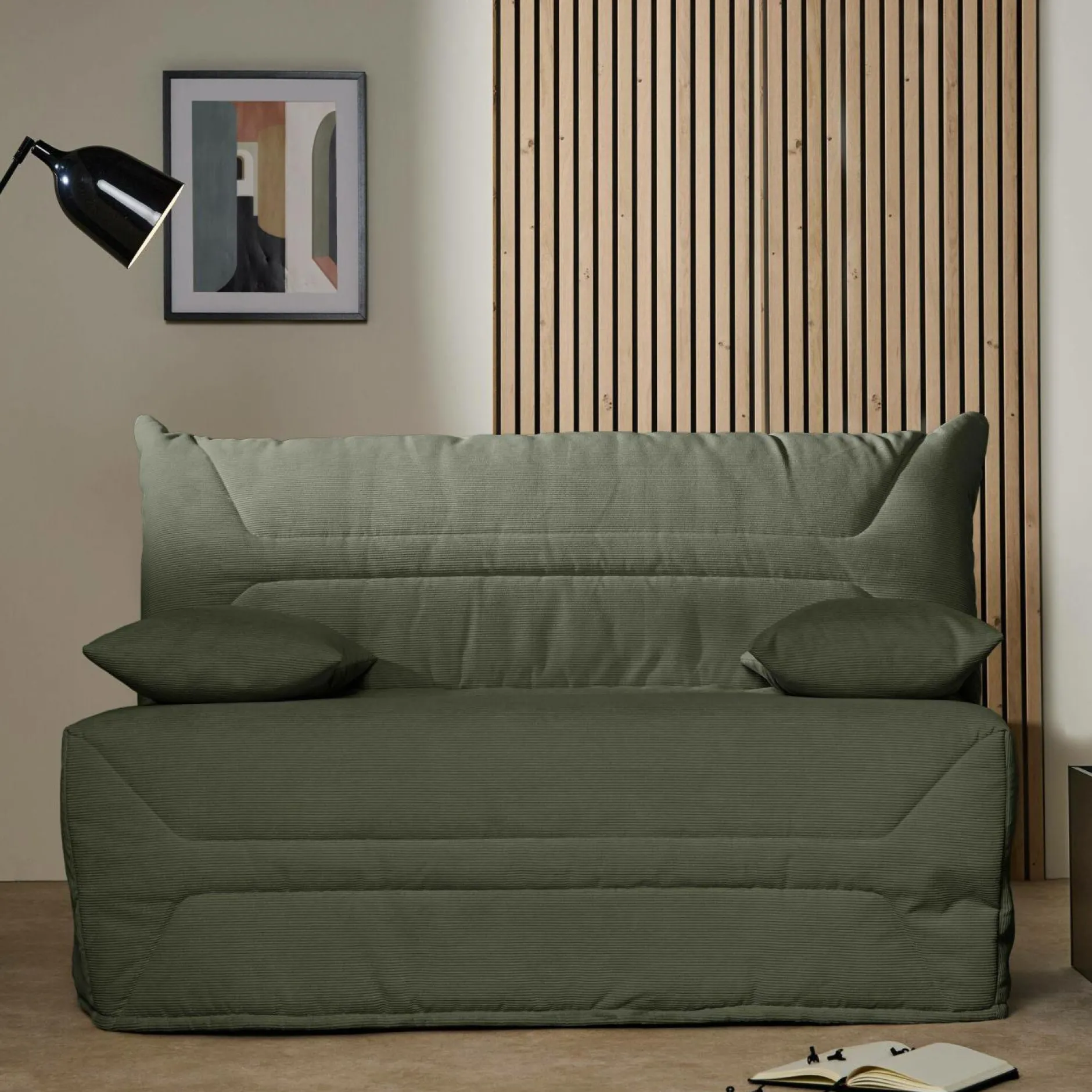 Bz>Camif Canapé BZ velours côtelé matelas 12 cm Gaston - Vert Kaki