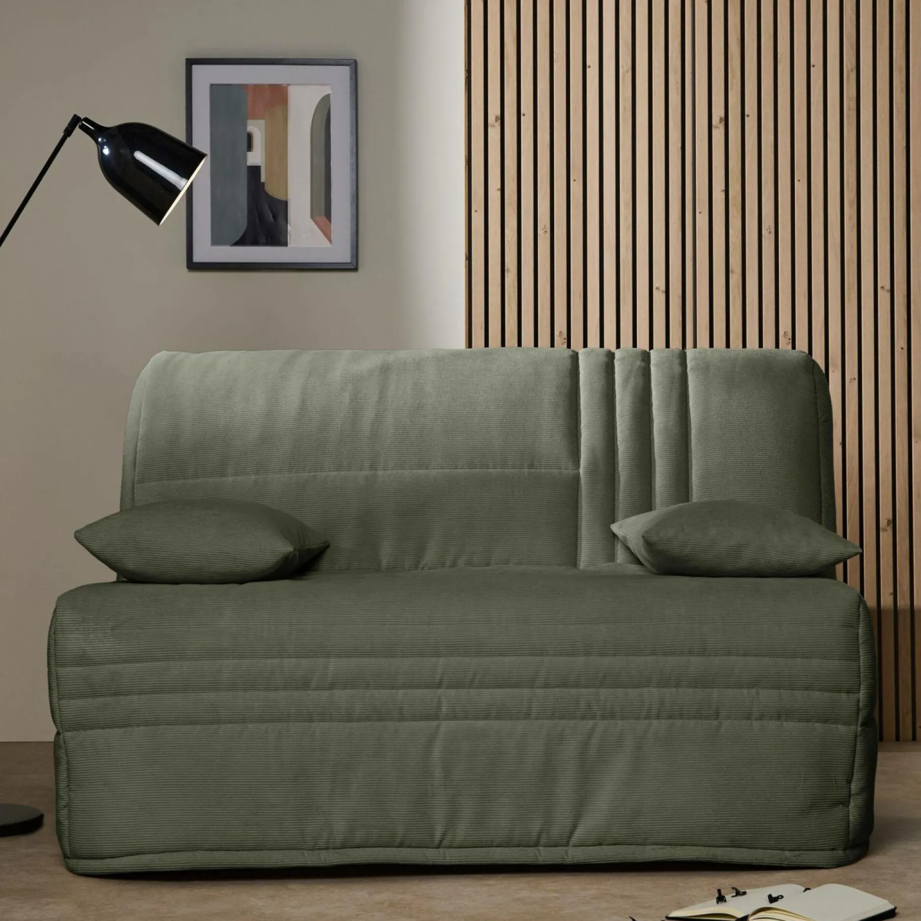 Bz>Camif Canapé BZ velours côtelé matelas 15 cm Gaélia - Vert Kaki