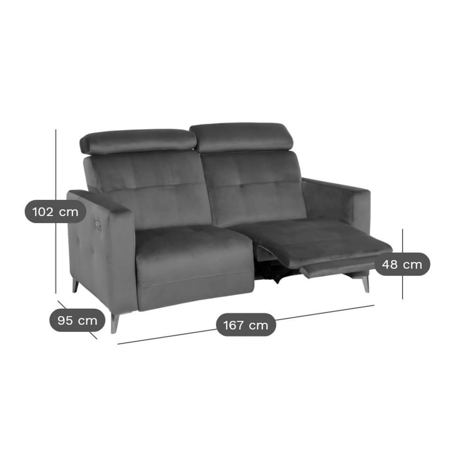 Canapés Relax>Camif Canapé relax électrique velours Cheverny - - 2 places Gris Anthracite