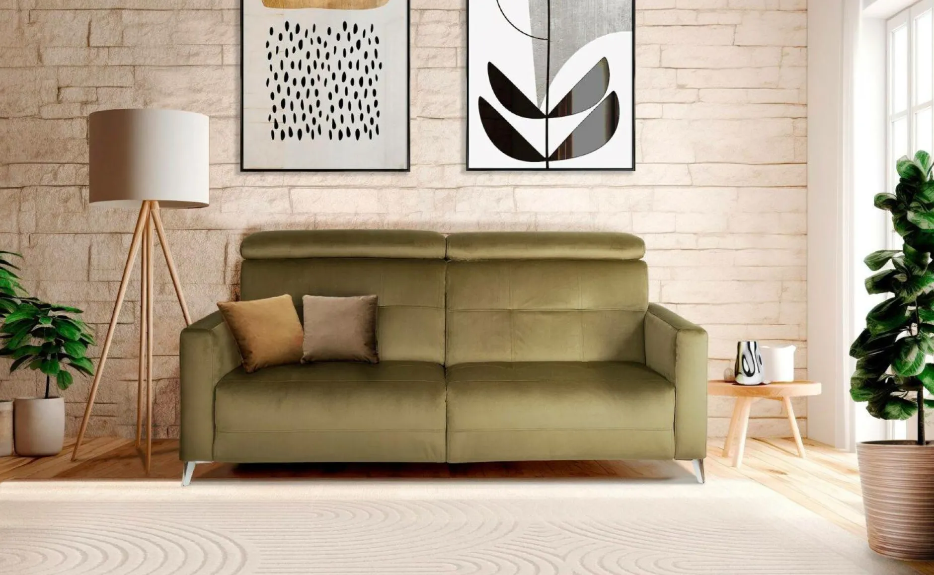 Canapés Fixes>Camif Canapé velours Cheverny - - 3 places Vert Kaki