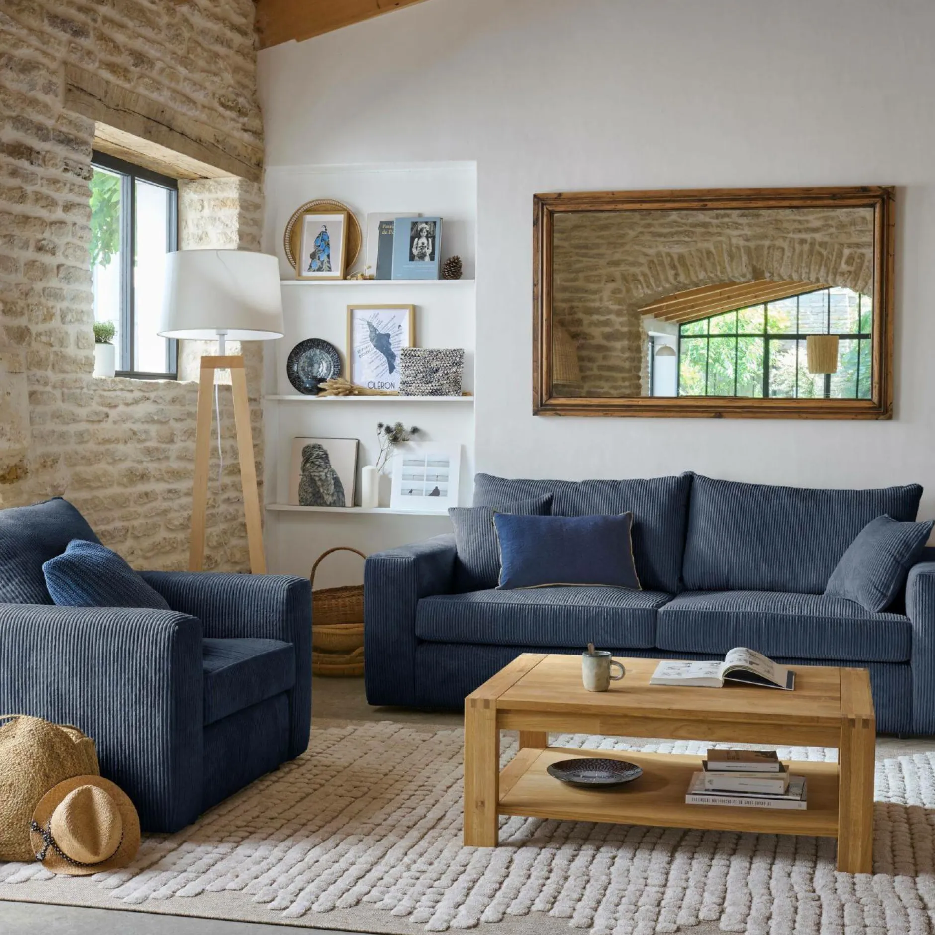 Canapés Fixes|Canapés Droits>Camif Canapé velours côtelé Otto - - 3 places Bleu