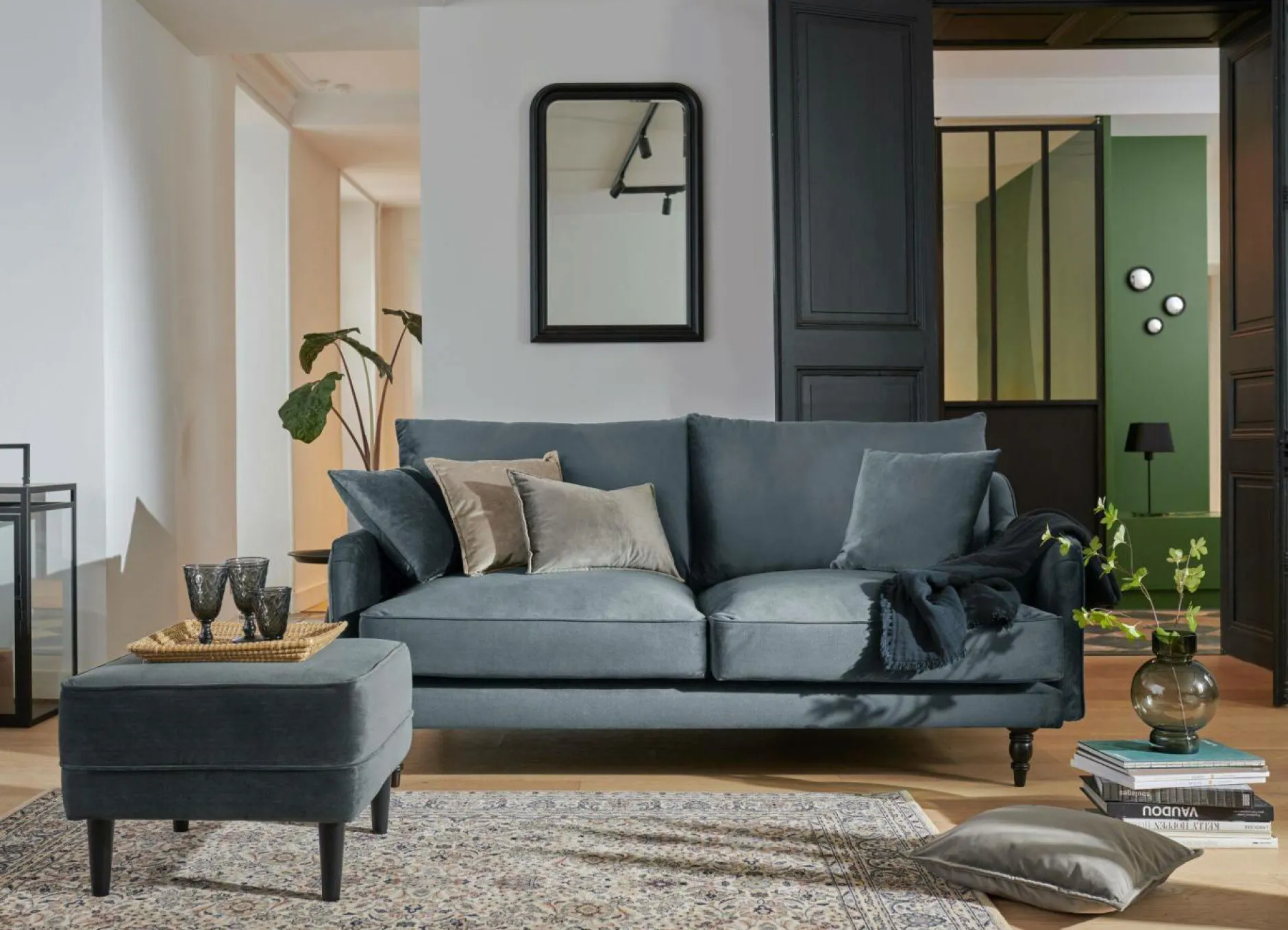 Canapés Droits|Canapés Fixes>Camif Canapé velours Olie - - 2 places Bleu gris