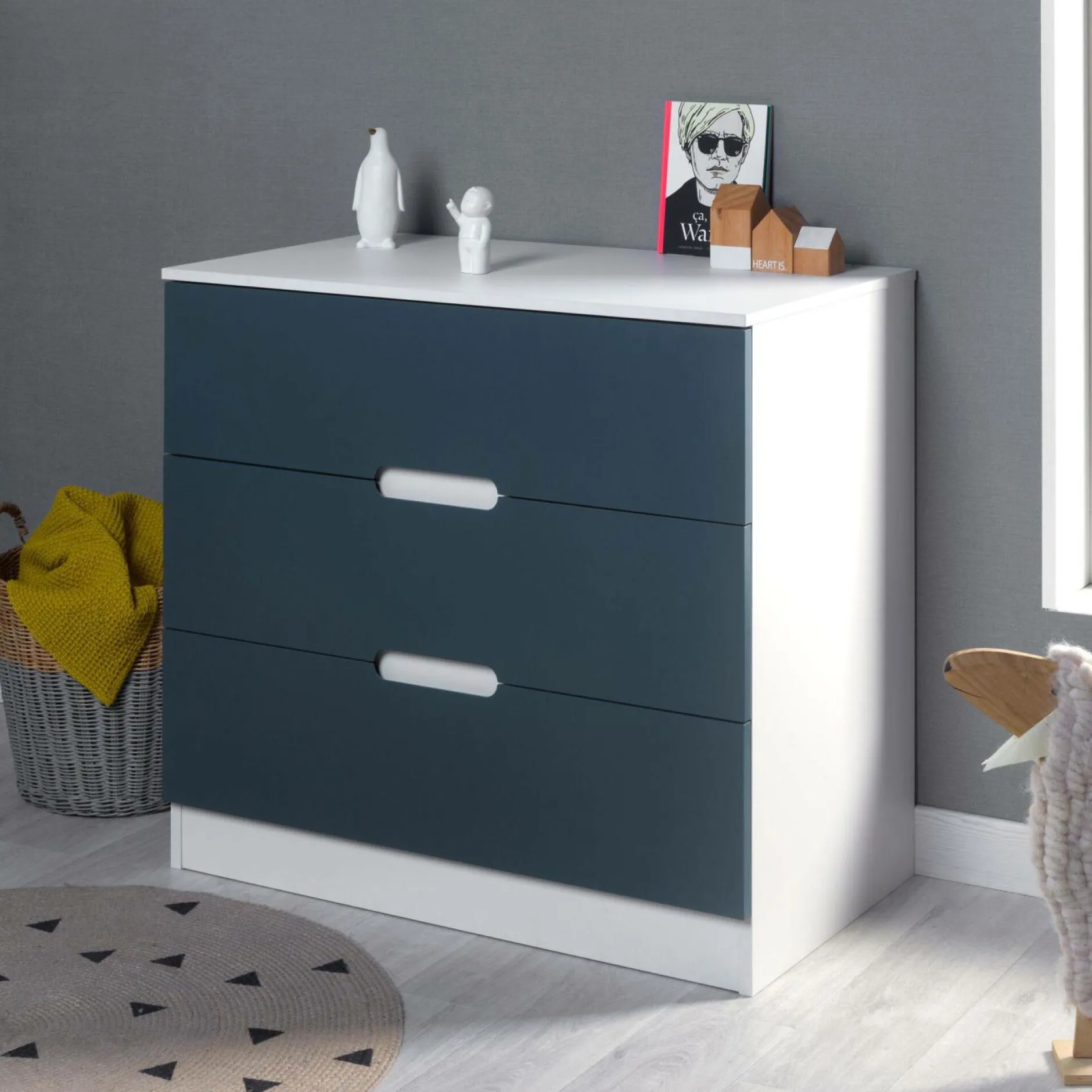 Chambres Enfant|Chambres Enfant>Camif Commode 3 tiroirs Séraphin - Blanc/Bleu Nuit