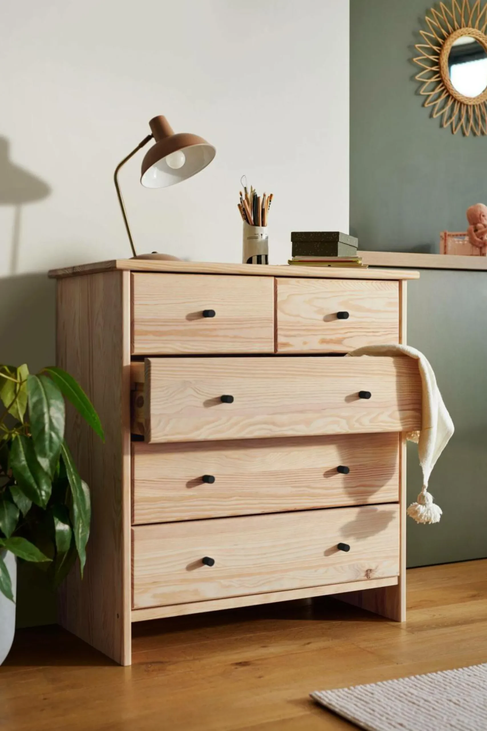 Chambres Enfant|Chambres Enfant>Camif Commode bois massif 5 tiroirs Iris - - Poignées Noir Brut