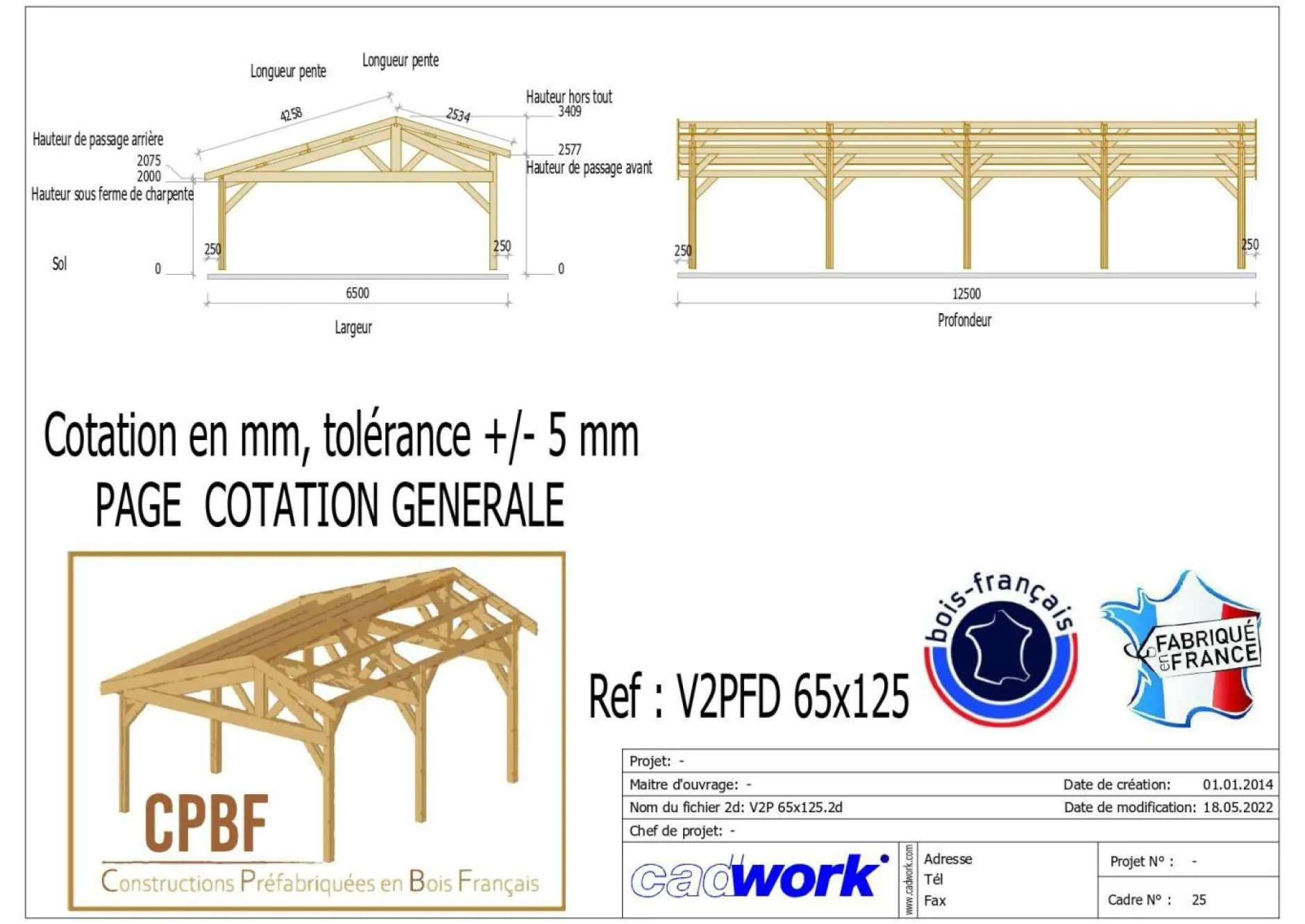Carports Et Pergola>Camif CPBF-CHARPENTES Abri deux Pentes Faitage Décalé pour Voiture Champagne Ardenne en Bois Abri deux pentes faitage décalé - 650 x 1250 cm