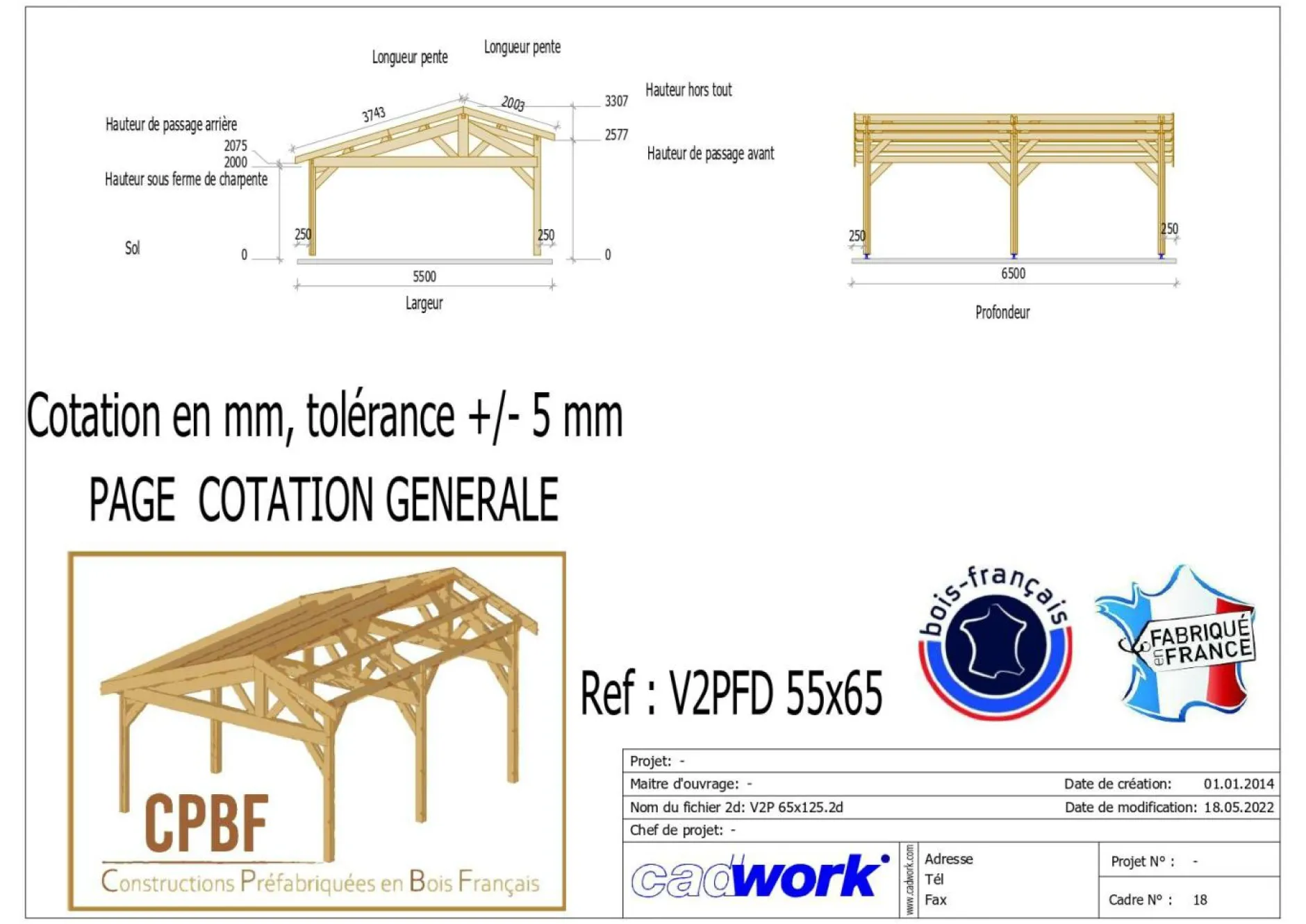 Carports Et Pergola>Camif CPBF-CHARPENTES Abri deux Pentes Faitage Décalé pour Voiture Champagne Ardenne en Bois - 550 x 650 cm