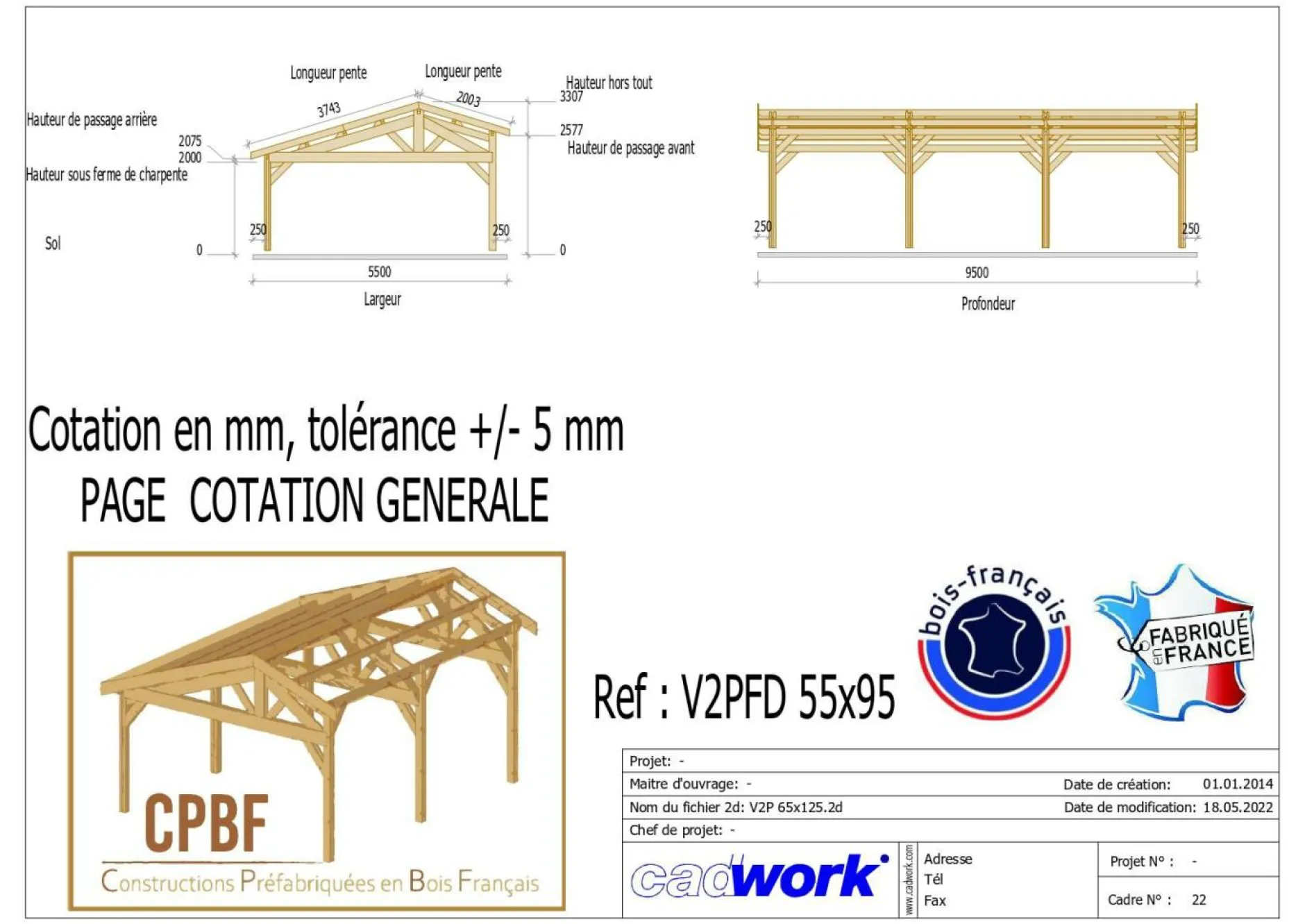 Carports Et Pergola>Camif CPBF-CHARPENTES Abri deux Pentes Faitage Décalé pour Voiture Champagne Ardenne en Bois Abri deux pentes faitage décalé - 550 x 950 cm