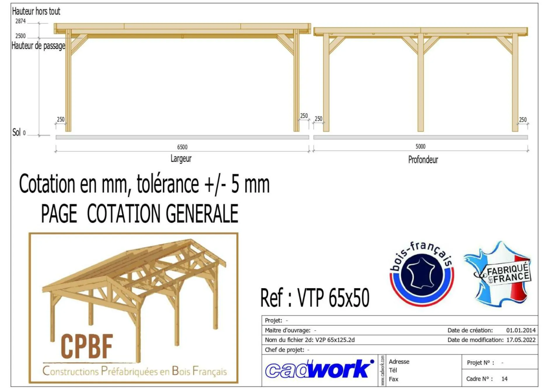 Carports Et Pergola>Camif CPBF-CHARPENTES Abri Toit Plat pour Voiture Île de France en Bois - 650 x 500 cm