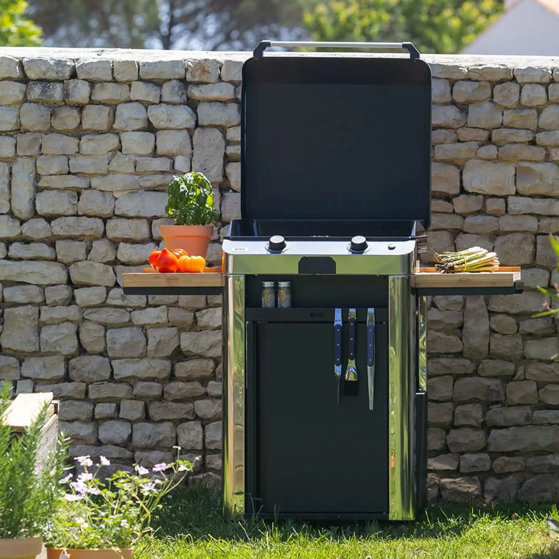 Ensembles Planchas Et Dessertes>Camif ENO Ensemble Plancha Fusion Gaz 60 et Chariot - Acier Gris/Inox