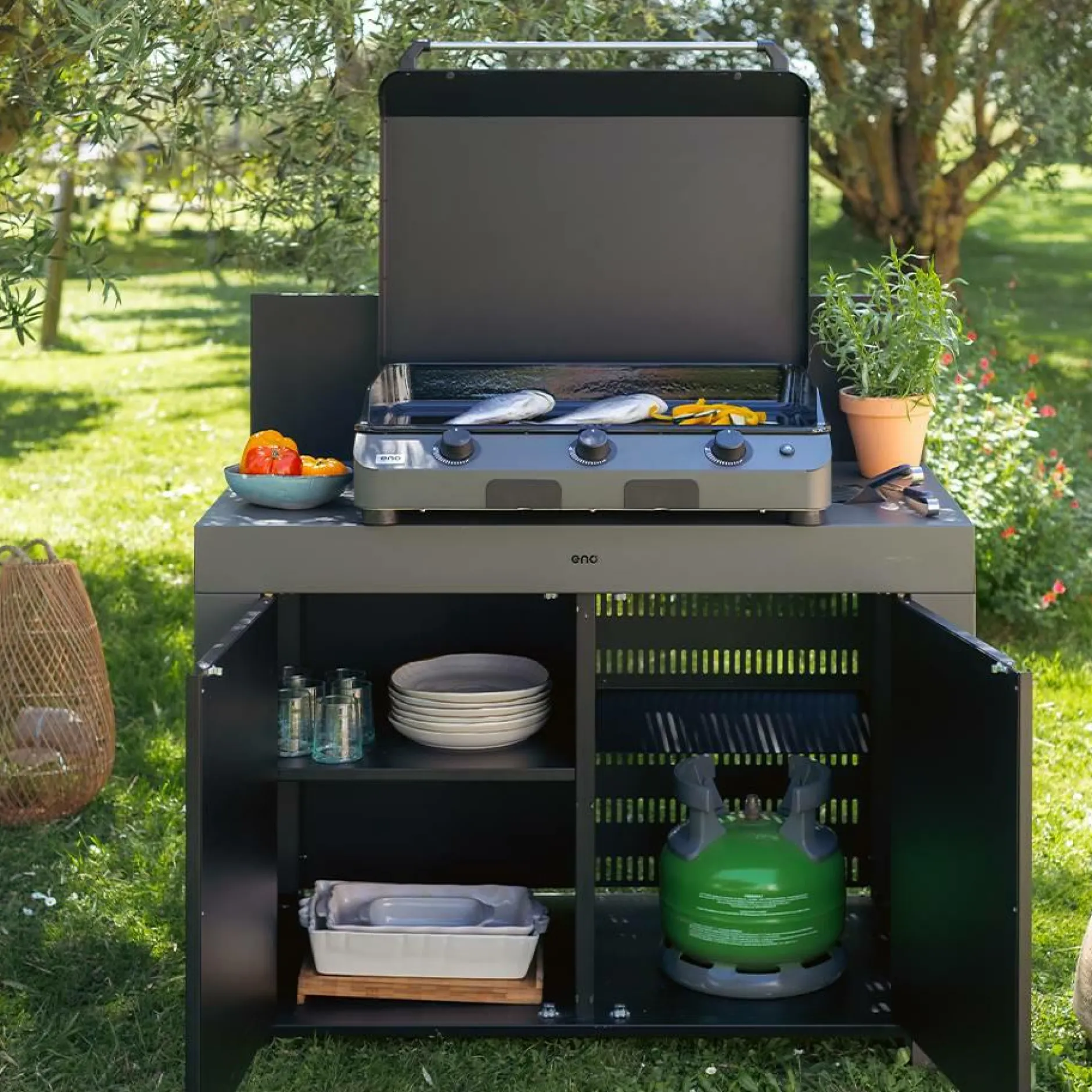 Cuisines D'Extérieur|Dessertes Planchas>Camif ENO Meuble de Cuisine pour Plancha 120 x 60 cm Félix en Acier Gris et Noir