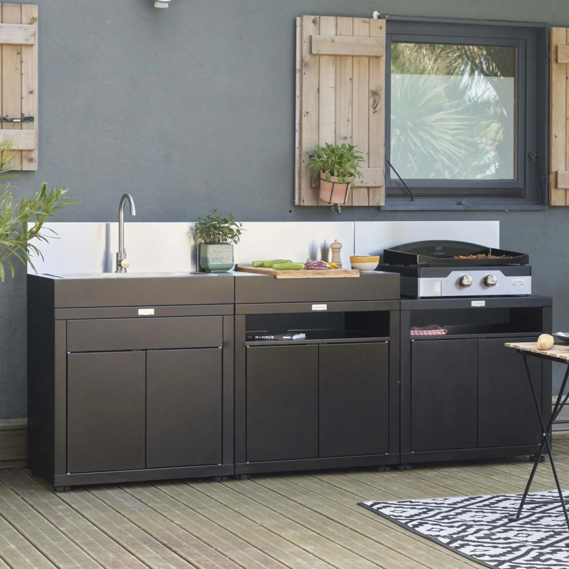 Cuisines D'Extérieur>Camif LE MARQUIER Cuisine d'Extérieur 3 Éléments avec Crédence en Acier - Noir