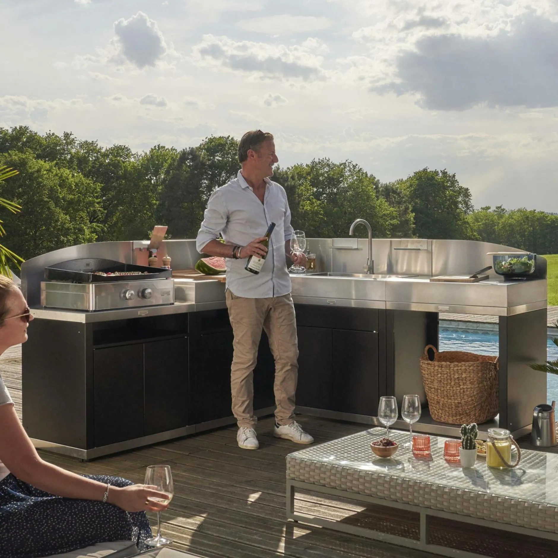 Cuisines D'Extérieur>Camif LE MARQUIER Cuisine d'Extérieur en Angle 5 Éléments avec Crédence en Acier Noir - Acier Noir/Inox