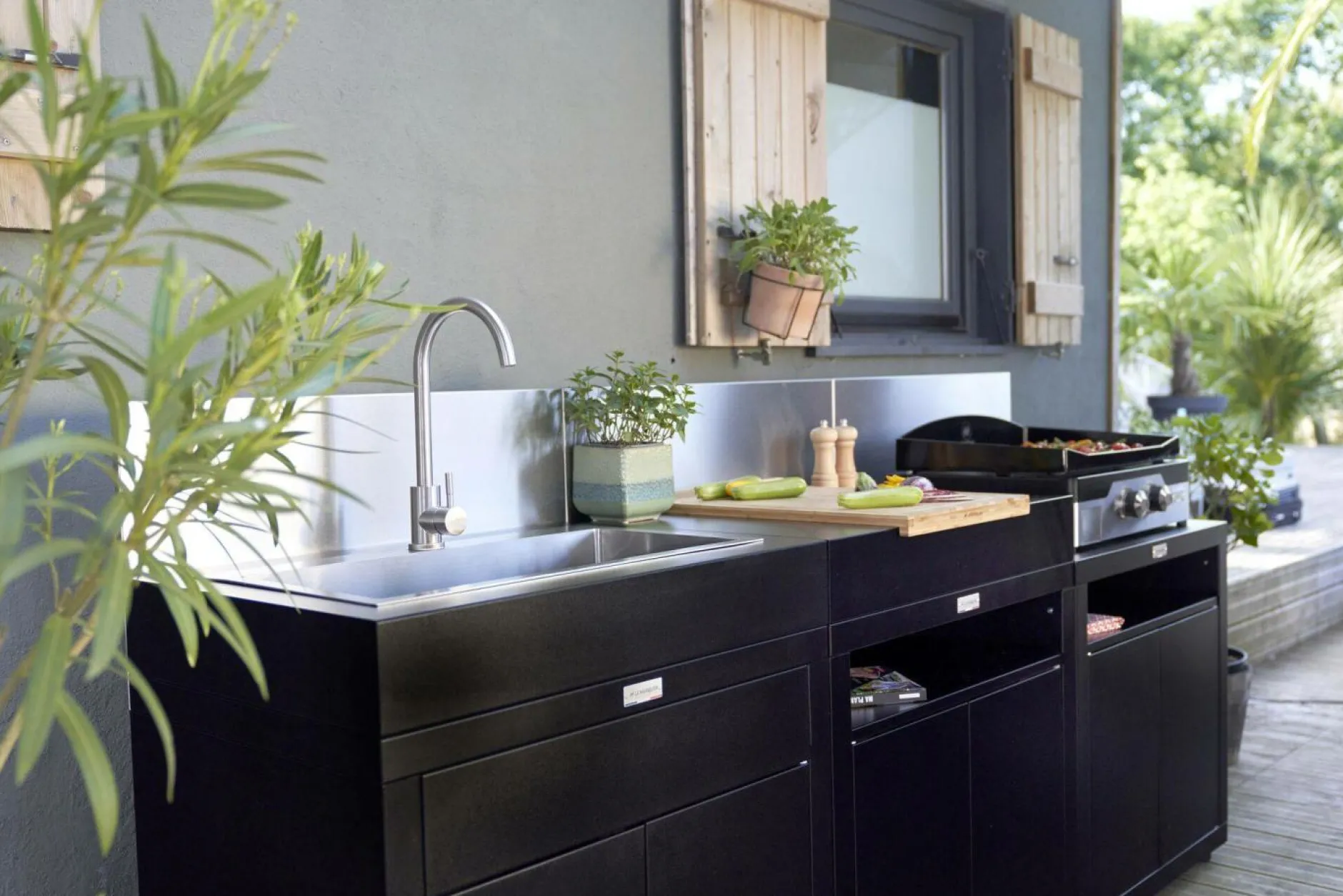 Cuisines D'Extérieur>Camif LE MARQUIER Meuble avec Évier pour Cuisine d'Extérieur 80 x 55 cm en Acier - Noir