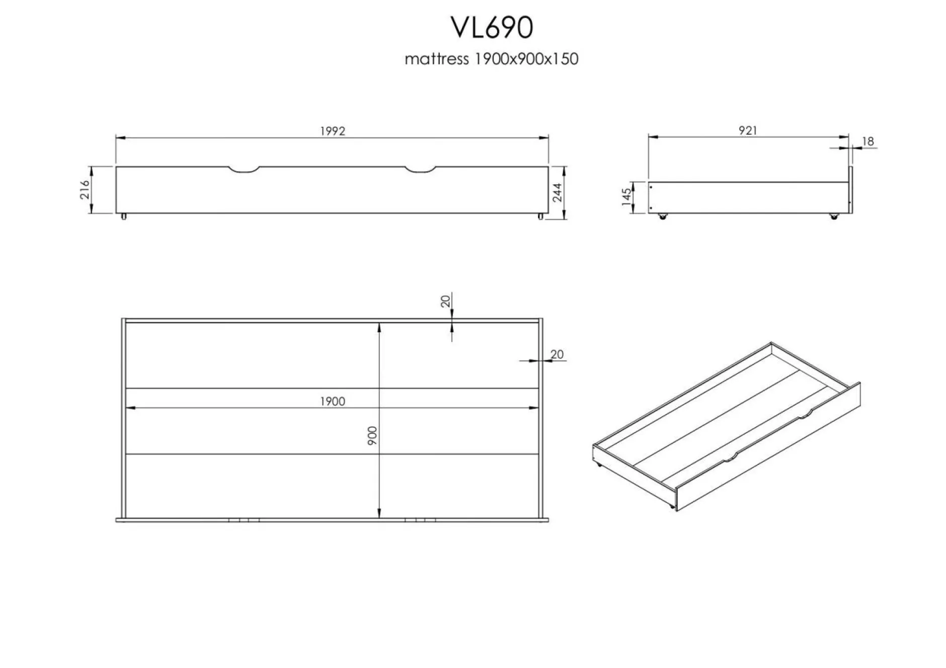 Chambres Enfant|Chambres Enfant>Camif Lit gigogne avec tiroirs Tom - Blanc