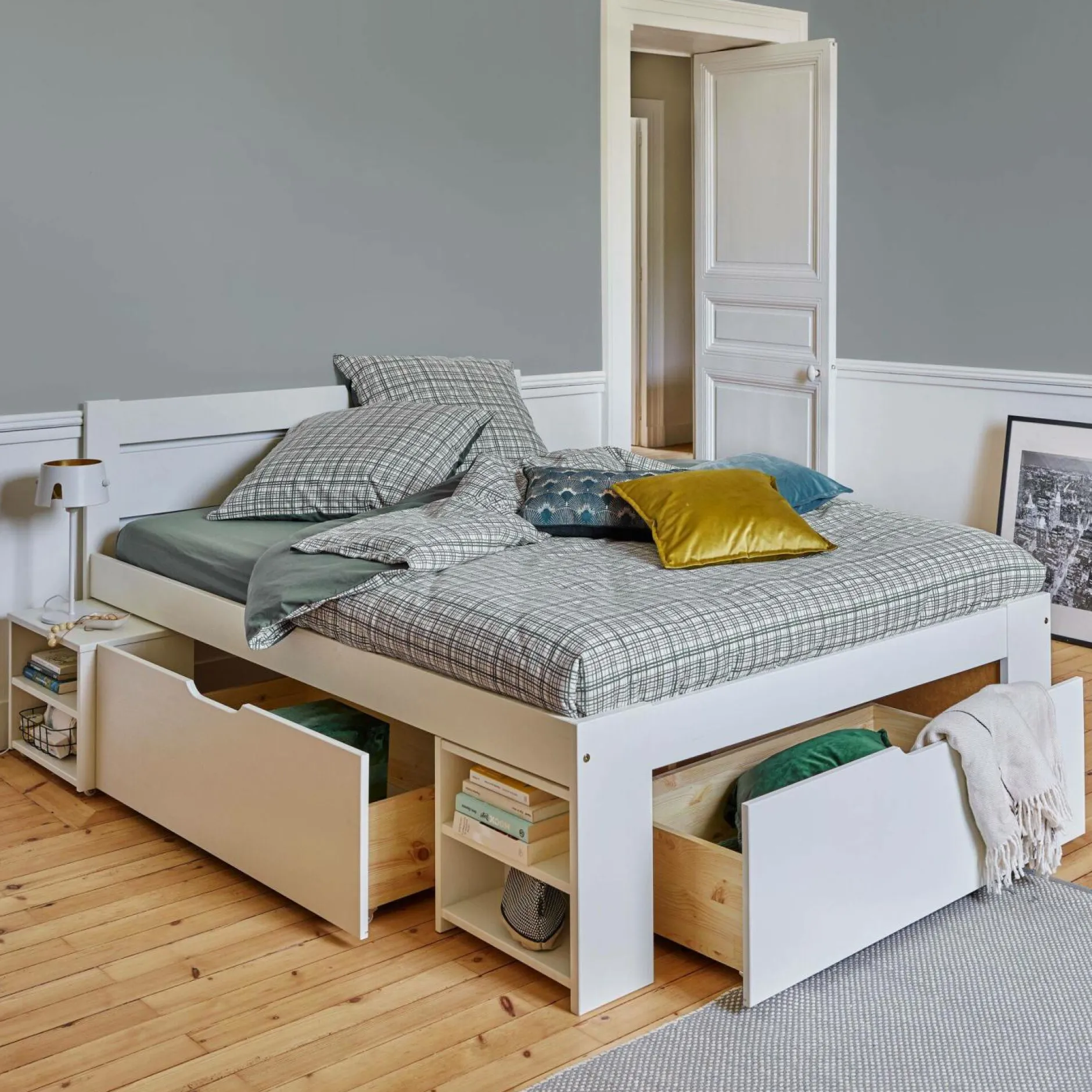 Lits Avec Rangement|Lits Avec Rangement>Camif Lit rangement bois massif Tara - - 160 x 200 cm Blanc