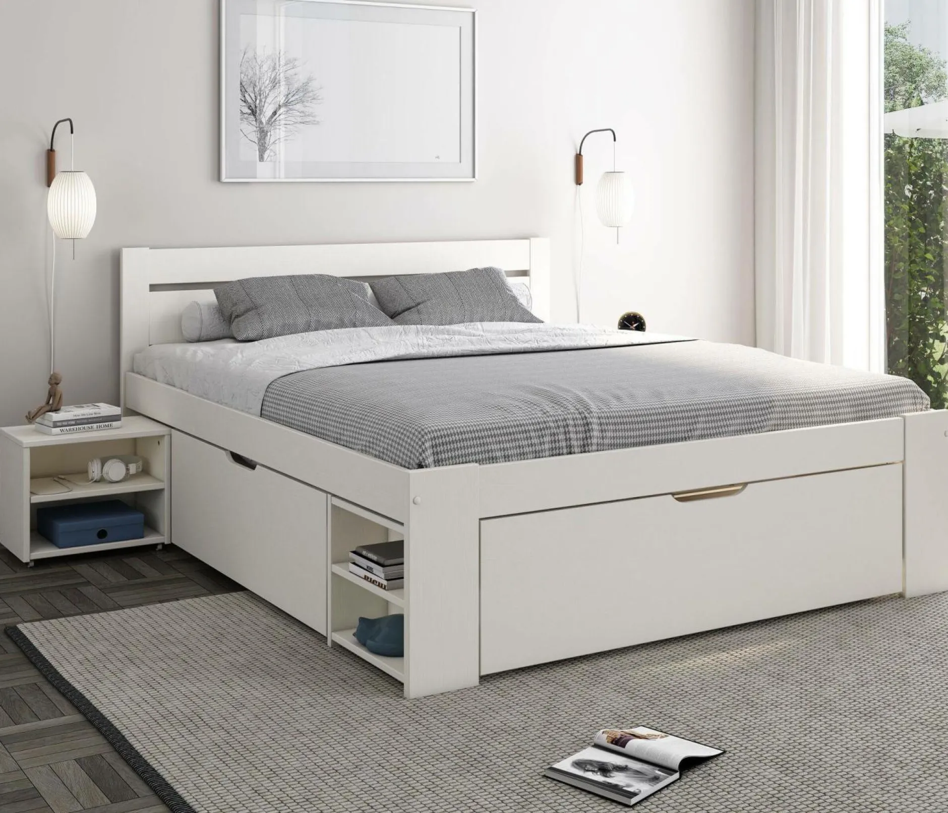 Lits Avec Rangement|Lits Avec Rangement>Camif Lit rangement bois massif Tara - - 160 x 200 cm Blanc