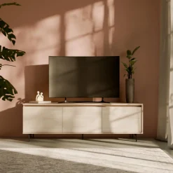 Meubles Tv>Camif Meuble TV 3 portes décor bois Gustavo - Gris minéral/Frêne