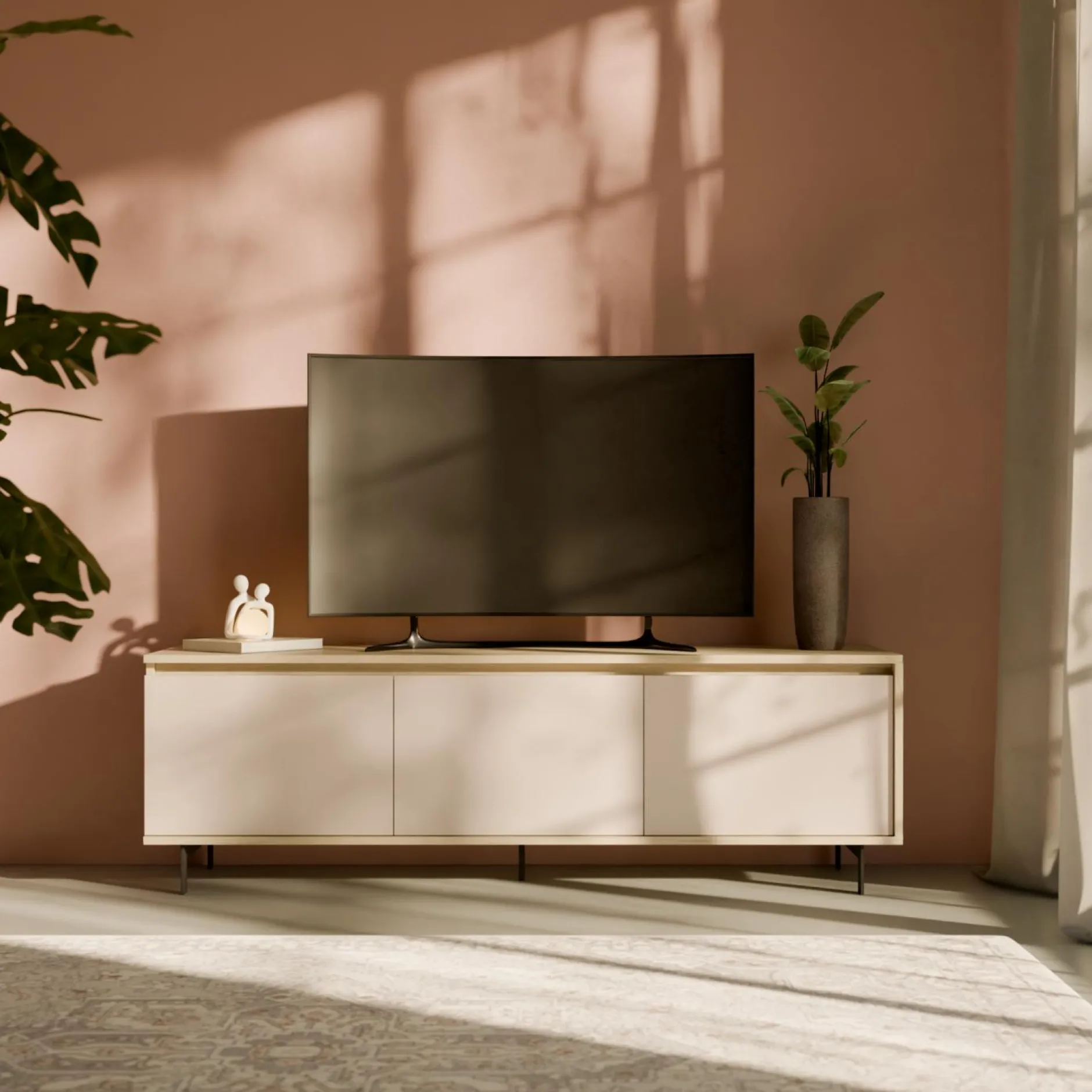 Meubles Tv>Camif Meuble TV 3 portes décor bois Gustavo - Chêne blanchi/Lin