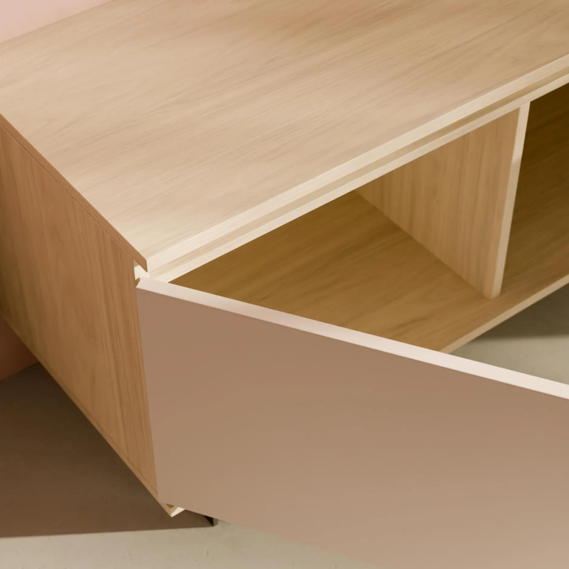 Meubles Tv>Camif Meuble TV 3 portes décor bois Gustavo - Chêne blanchi/Lin