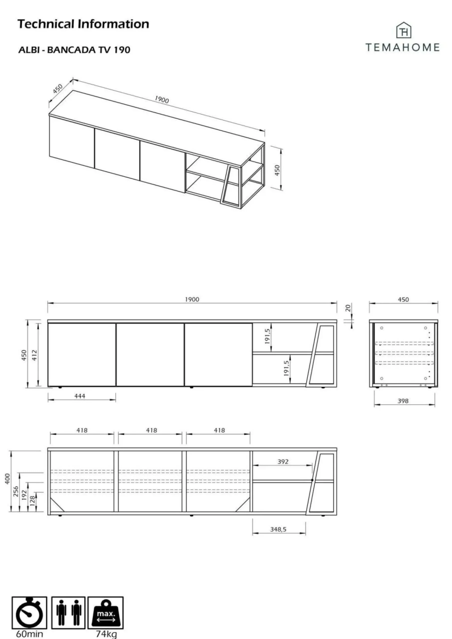 Meubles Tv>Camif Meuble TV Albi 190 - Chêne/Noir