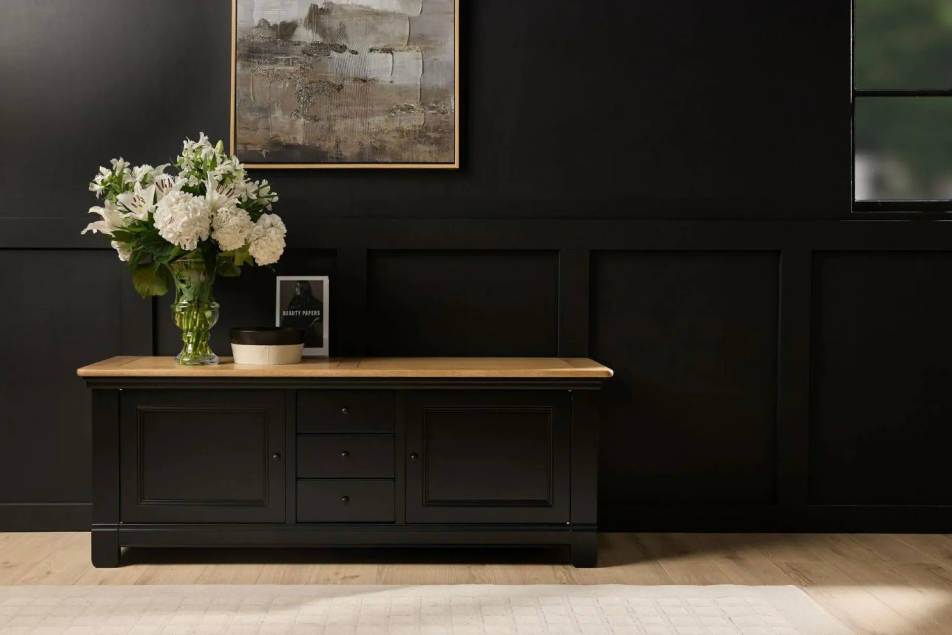 Meubles Tv>Camif Meuble TV bois massif 2 portes 3 tiroirs Embellie - Noir