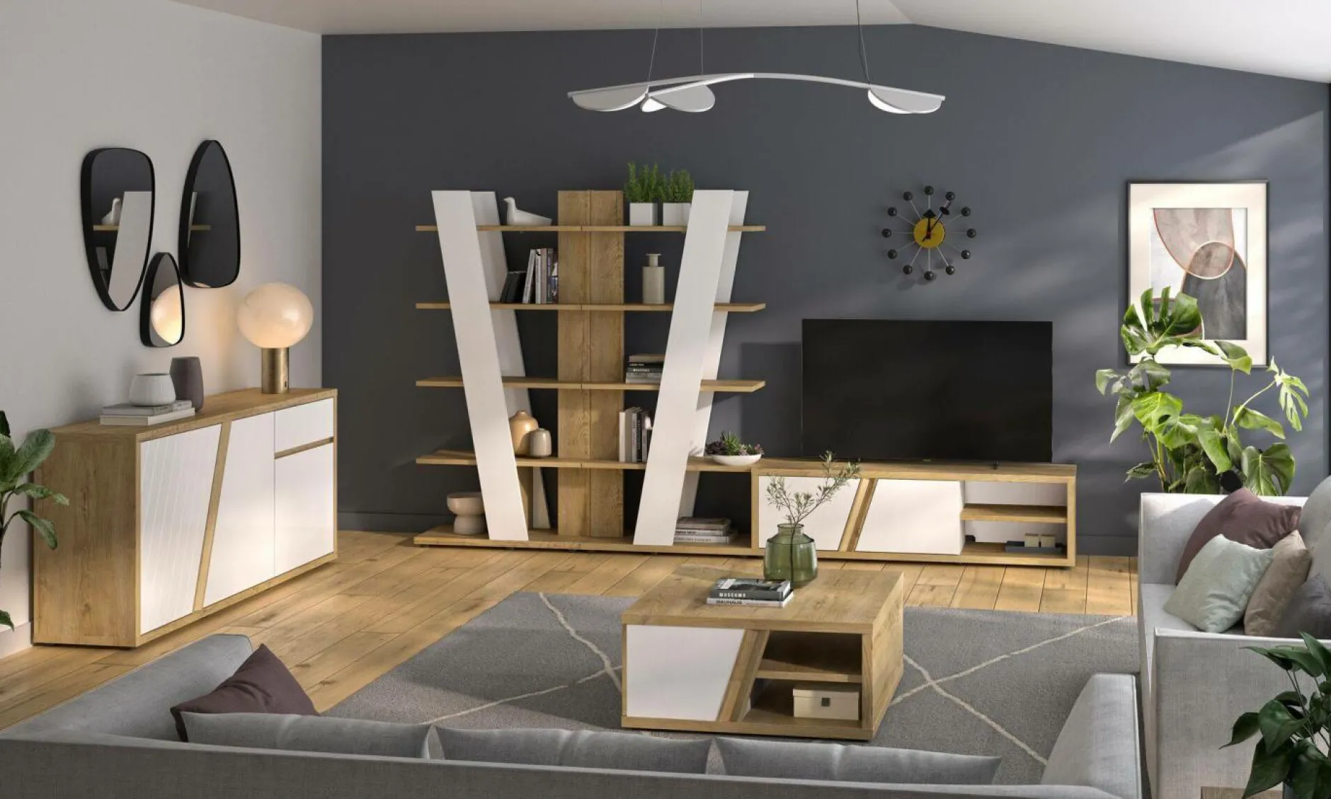 Meubles Tv>Camif Meuble TV décor bois et blanc 2 portes Gustave