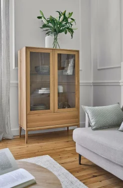 Meubles Vitrines>Camif Meuble vitrine led chêne massif 2 portes 1 tiroir Charles