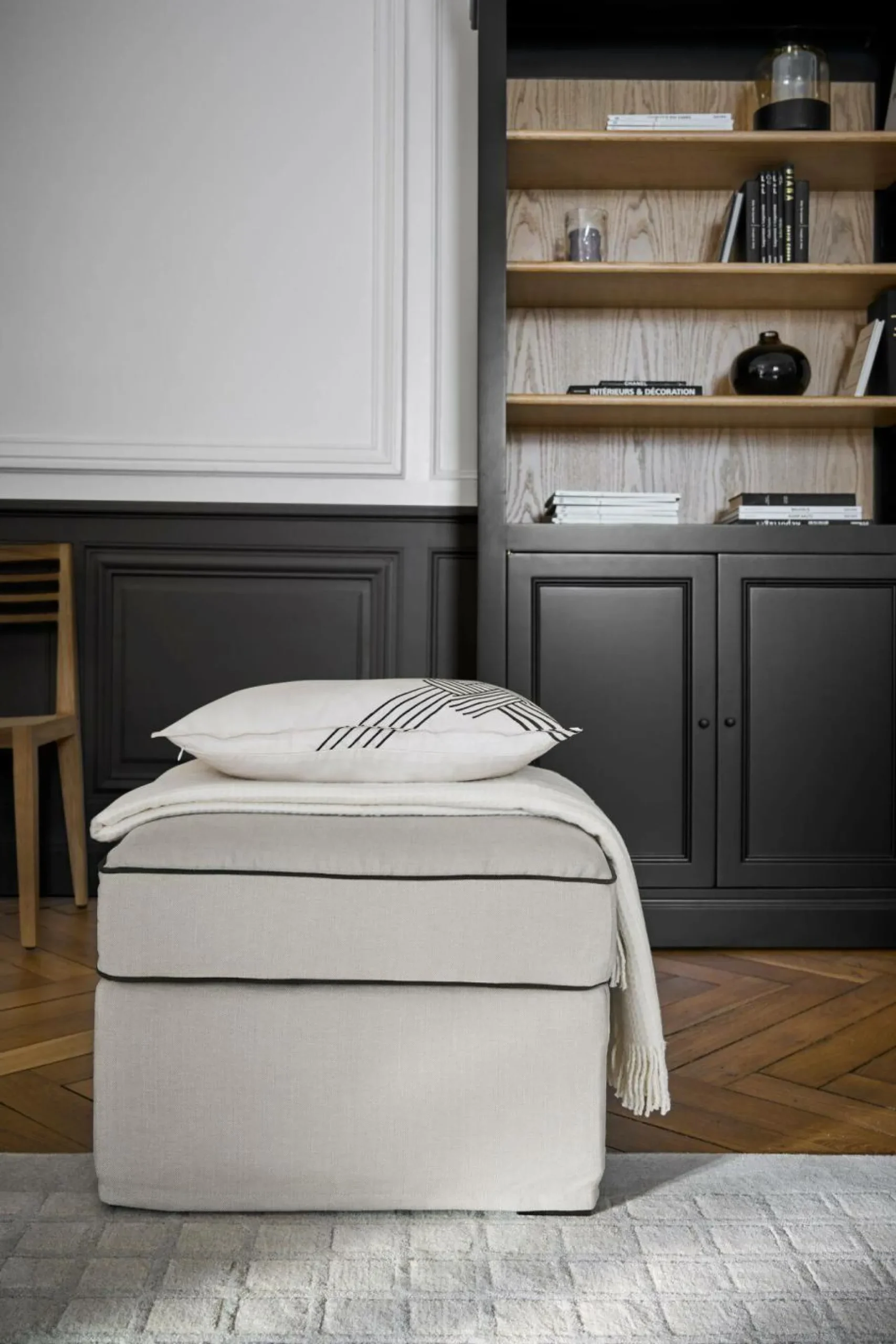 Repose-Pieds>Camif Pouf coton/lin déhoussable Margot - Beige/Anthracite