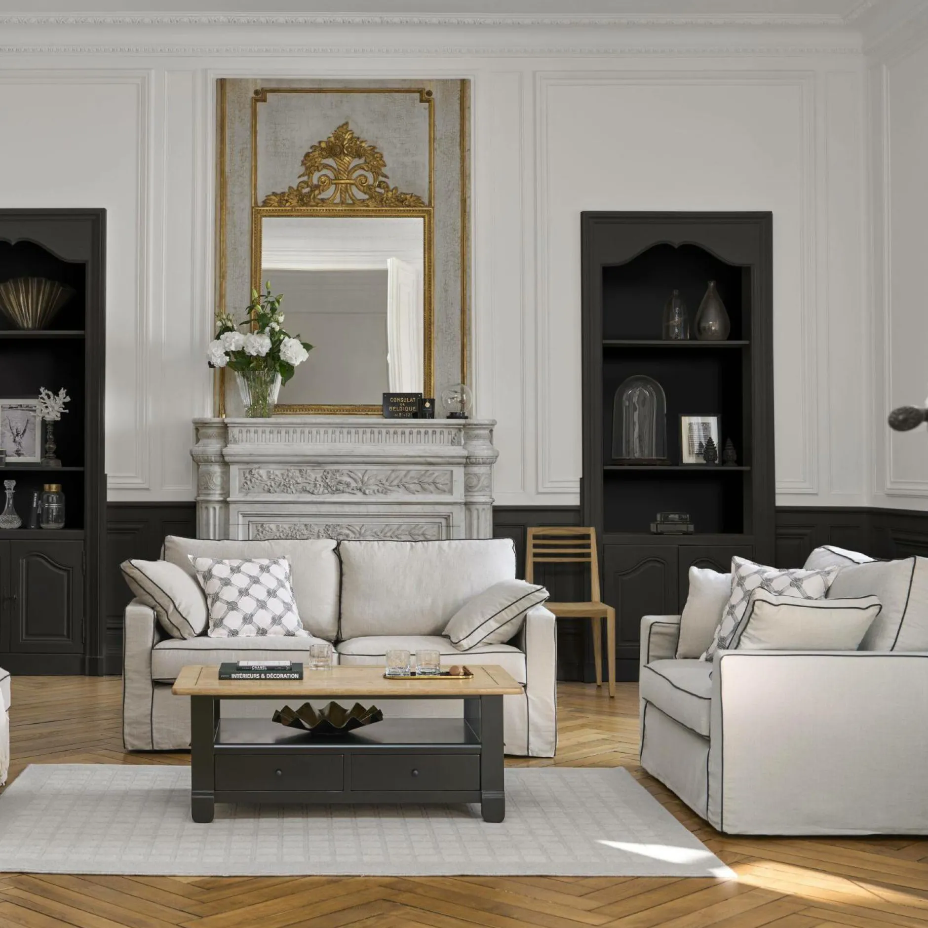 Repose-Pieds>Camif Pouf coton/lin déhoussable Margot - Beige/Anthracite