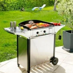 Ensembles Planchas Et Dessertes>Camif ROLLER GRILL Ensemble Plancha émaillé 600x400 électrique + desserte bois/inox