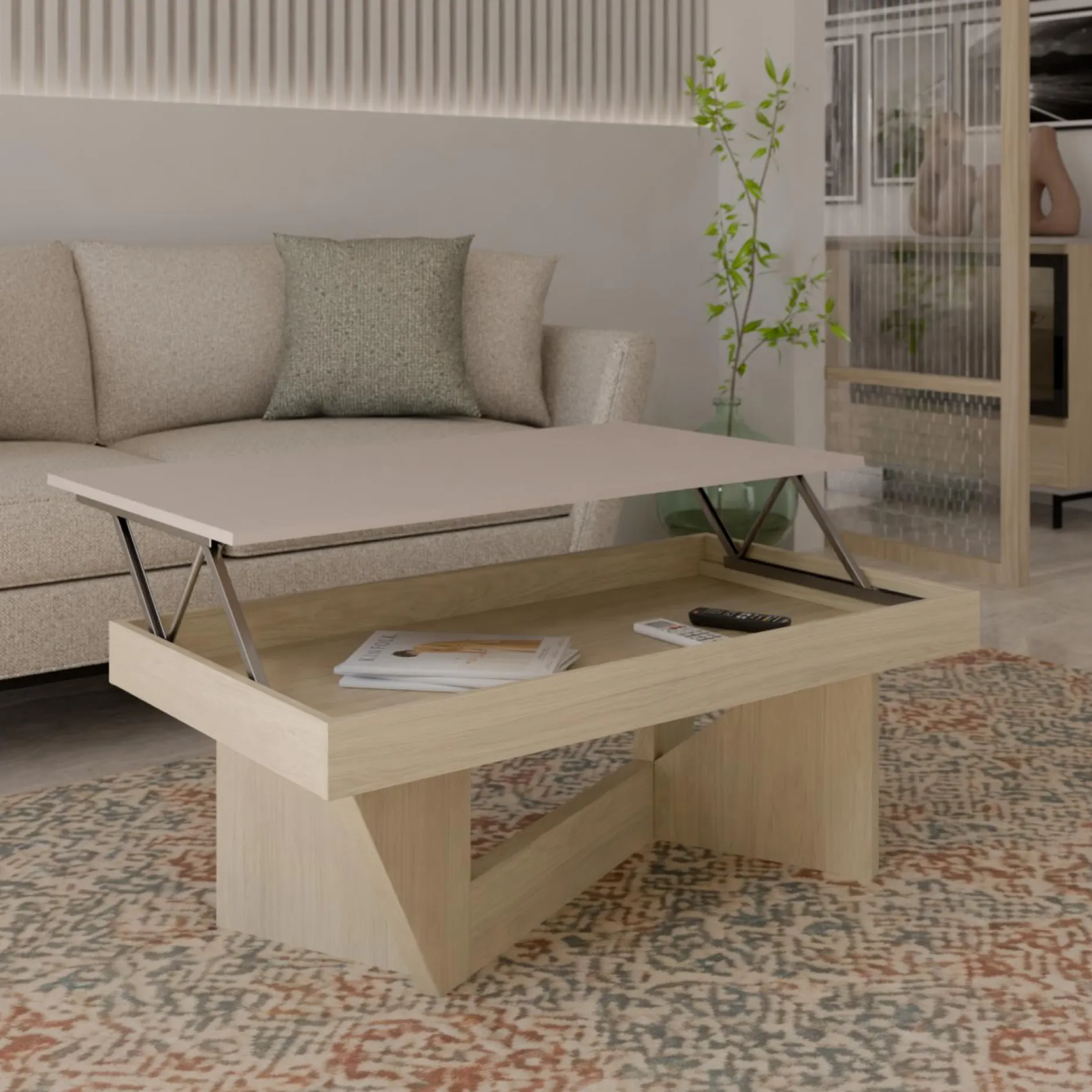 Tables Basses>Camif Table basse relevable décor bois Gabriela - Chêne blanchi/Lin